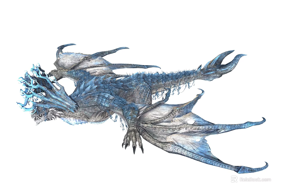 Mythical Blue Ice Dragon With Frosty Scales Wings And Flying Pose 3d model 