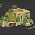 Futuristic Building Design Featuring Domed Roof Green Glass Windows Beige Structure And Illuminated Interior