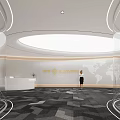 Modern Service Hall With Circular Ceiling Light World Map Wall Reception Desk And Staff Member 3d model