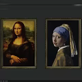 Two Classical Portrait Paintings With Golden Frames Hanging On Dark Wall