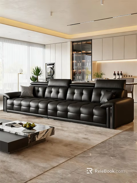 Black Leather Large Sectional Sofa In Modern Living Room With Coffee Table And Green Plants 3d model 