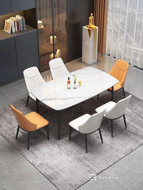 Modern Dining Table Set With White Marble Top And Six White Orange Chairs 3d model 