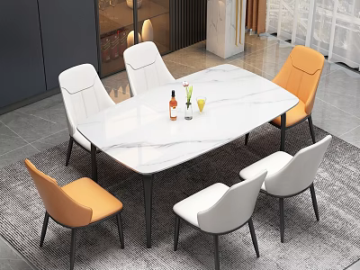 Modern Dining Table Set With White Marble Top And Six White Orange Chairs 3d model