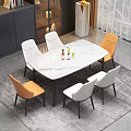 Modern Dining Table Set With White Marble Top And Six White Orange Chairs 3d model