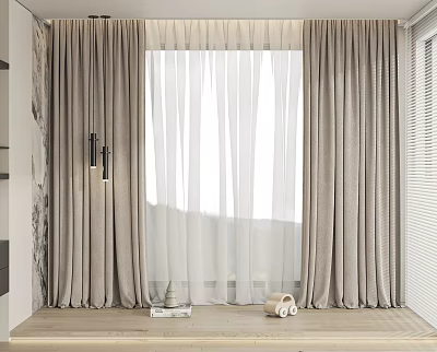 Elegant Beige Curtains With Sheer Layers And Window Sill Decorative Items 3d model