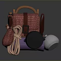 Stylish Red Woven Backpack With Orange Handle And Attached Rope Black Silver Water Bottles