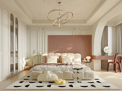 Soft Cream Bedroom Interior With Pink Striped Headboard Circular Chandelier And Patterned Rug 3d model