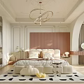 Soft Cream Bedroom Interior With Pink Striped Headboard Circular Chandelier And Patterned Rug