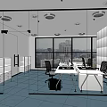 Modern Public Office Space with Glass Partitions White Circular Walls Desks Computers Blue Floor