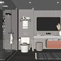 Modern Bathroom with Glass Shower Toilet Vanity Large Mirror Marble Countertop and Gray Pink Cabinet