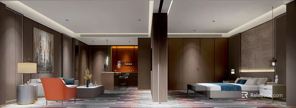 Modern Hotel Guest Room Interior With Wooden Walls Bed Bar Counter And Warm Lighting 3d model 