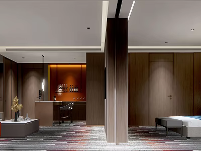 Modern Hotel Guest Room Interior With Wooden Walls Bed Bar Counter And Warm Lighting 3d model