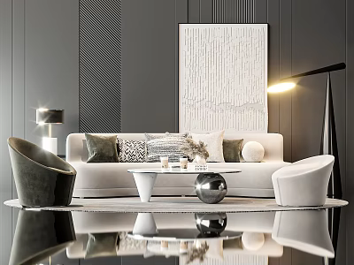 Modern Living Room Sofa Coffee Table Set With Geometric Cushions Metal Decor And Floor Lamp 3d model