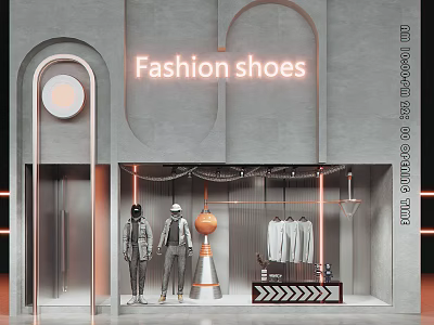 Fashion Shoes Storefront With Neon Sign Mannequins And Clothing Displays 3d model