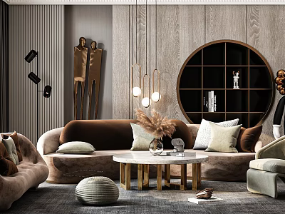 Elegant Modern Sofa Coffee Table Combination With Beige Cushions Marble Top And Pendant Lights 3d model
