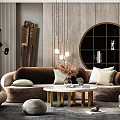 Elegant Modern Sofa Coffee Table Combination With Beige Cushions Marble Top And Pendant Lights