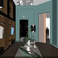 Clothing Store Interior With Teal Walls Reception Desk Hanging Clothes And Mannequin In Suit