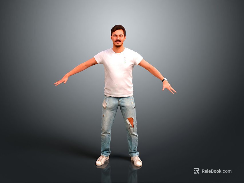 A Man Standing In White T-shirt And Distressed Jeans With Arms Outstretched Against Gray Background 3d model 