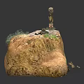 Cartoon Scene of Cliff with Stacked Stone Pillar Transparent Top Yellow Liquid and Green Grass