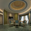 Luxurious Private Dining Room With Round Table Blue Chairs Green Curtains Golden Ceiling And TV