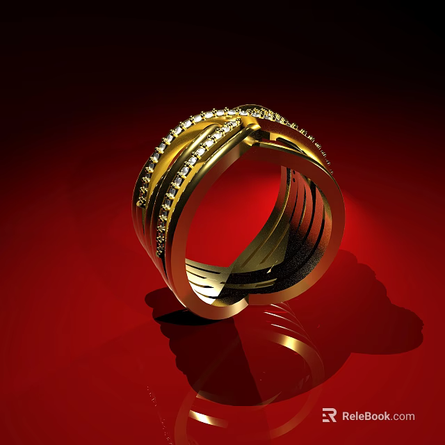 Elegant Gold Diamond Studded Ring With Multi Layered Design On Red Background 3d model 