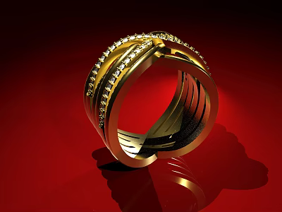Elegant Gold Diamond Studded Ring With Multi Layered Design On Red Background 3d model