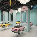 Kindergarten Interior Featuring Light Green Walls Pink Arched Decorations White Chandeliers and Children's Toy Cars