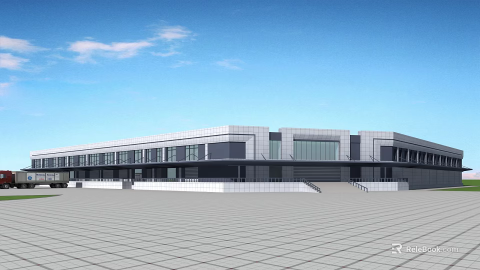 Modern Industrial Factory Building Exterior With Large Glass Windows And Spacious Front Square 3d model 