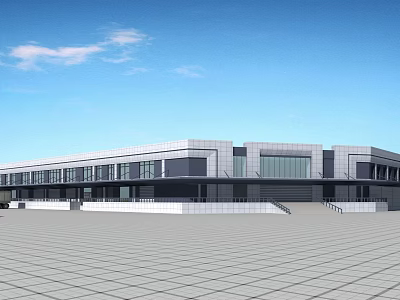 Modern Industrial Factory Building Exterior With Large Glass Windows And Spacious Front Square 3d model