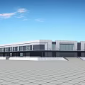 Modern Industrial Factory Building Exterior With Large Glass Windows And Spacious Front Square