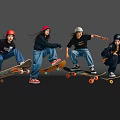 Women Skateboarding With Colorful Helmets Black Tops And Jeans On Reflective Gray Floor