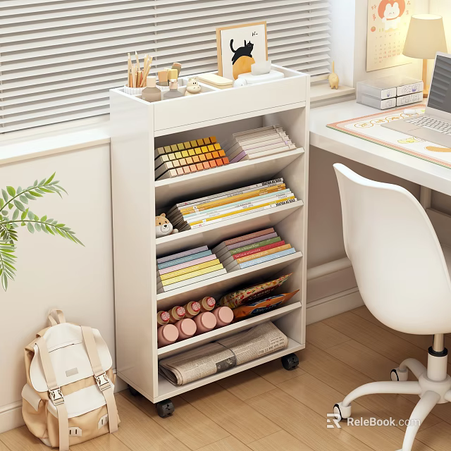 White Bookcase With Colorful Books Stationery Scrolls And Pink Cylindrical Items In Modern Study Space 3d model 