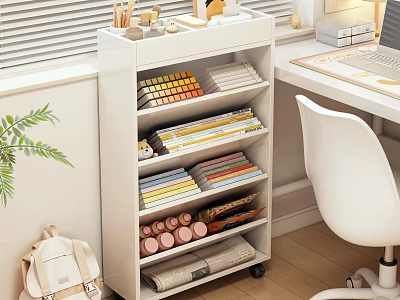 White Bookcase With Colorful Books Stationery Scrolls And Pink Cylindrical Items In Modern Study Space 3d model