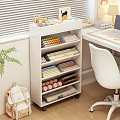 White Bookcase With Colorful Books Stationery Scrolls And Pink Cylindrical Items In Modern Study Space