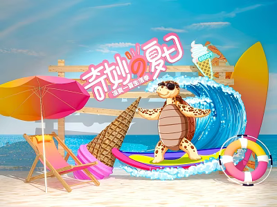Wonderful Summer Themed Photo Check-in Spot With Turtle Surfboard Ice Cream And Umbrella 3d model