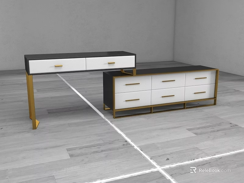 Elegant Modern Black And White Dressing Tables With Gold Metal Legs And Drawers 3d model 