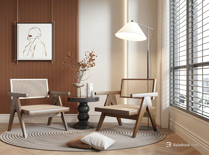 Stylish Rattan Accent Chairs With Wooden Frame And Small Side Table In Cozy Living Space 3d model 
