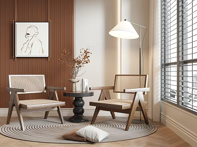 Stylish Rattan Accent Chairs With Wooden Frame And Small Side Table In Cozy Living Space 3d model