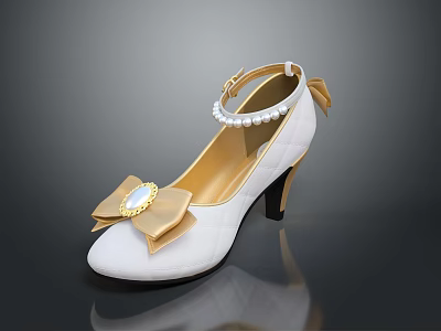 White High Heels With Golden Bow Pearl Strap And Quilted Design 3d model
