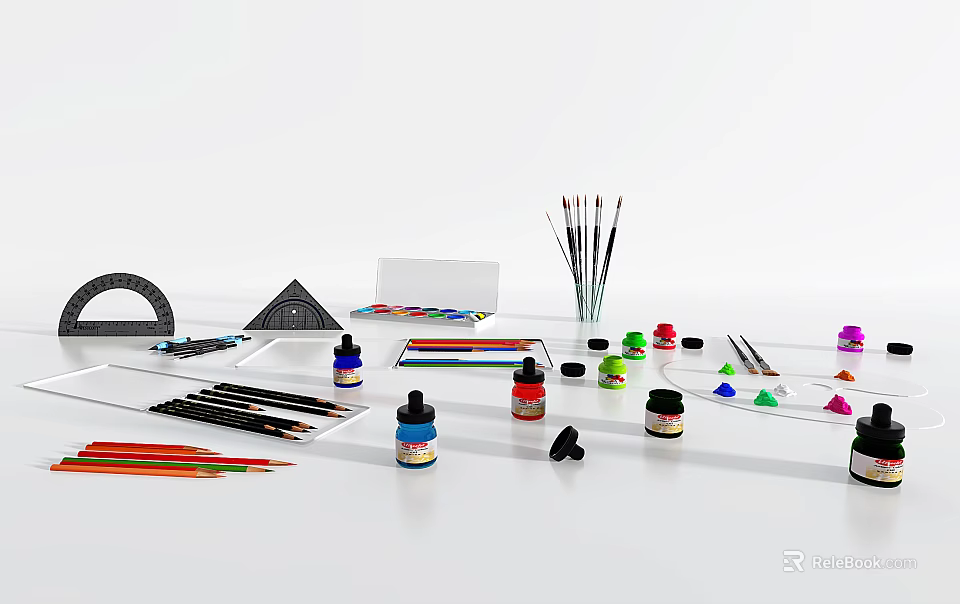 Musical Instruments and Art Supplies Set with Paint Brushes Colored Pencils and Drawing Tools 3d model 