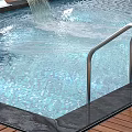 Modern Swimming Pool Area With Clear Blue Water Metal Handrails And Black Deck