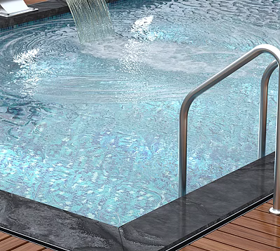 Modern Swimming Pool Area With Clear Blue Water Metal Handrails And Black Deck 3d model