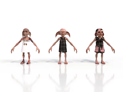 Three Cartoon Characters With Long Ears Wearing Different Dresses Standing On White Background With Reflections 3d model
