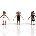 Three Cartoon Characters With Long Ears Wearing Different Dresses Standing On White Background With Reflections