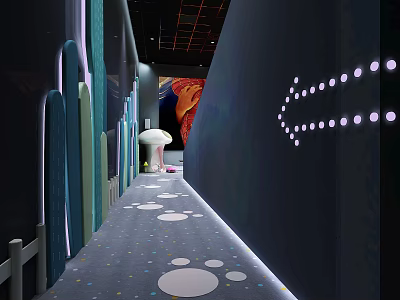 Cinema Corridor Interior Design With Colorful Wall Panels White Circular Floor Patterns Arrow Dotted Lights 3d model
