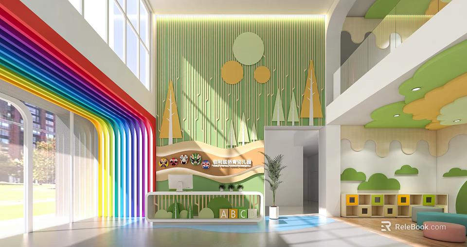 Modern Kindergarten Interior With Rainbow Arch Tree Decorations Green Walls And Open Space Reception Desk 3d model 
