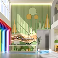 Modern Kindergarten Interior With Rainbow Arch Tree Decorations Green Walls And Open Space Reception Desk