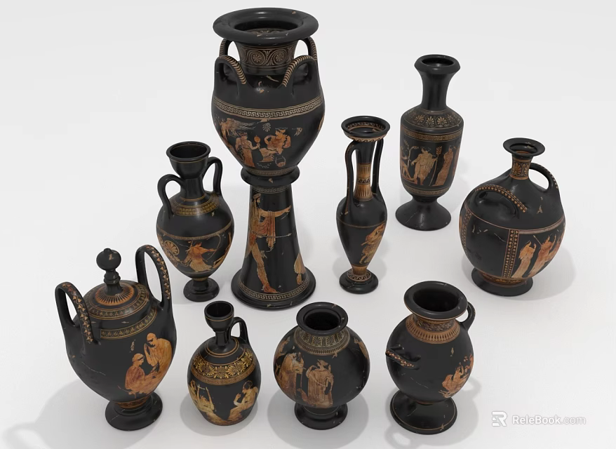 Black Ceramic Vases With Decorative Patterns In Various Shapes And Sizes 3d model 