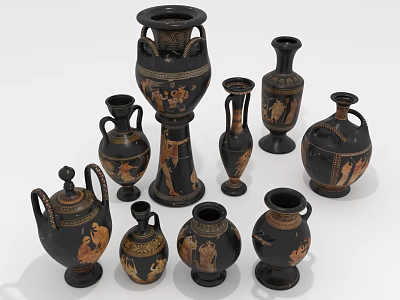 Black Ceramic Vases With Decorative Patterns In Various Shapes And Sizes 3d model