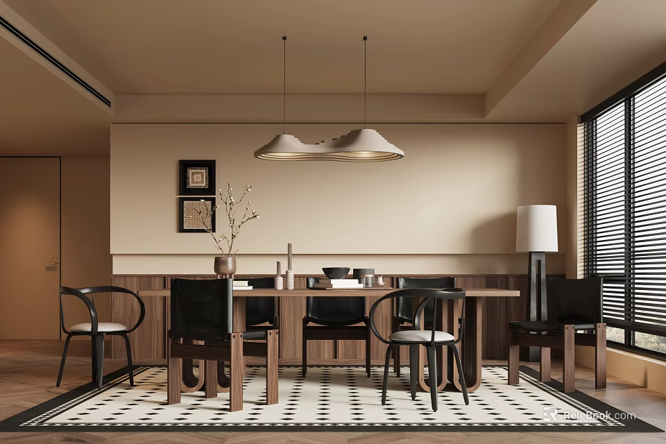 Modern Restaurant Interior With Dining Table Chairs Pendant Lights Wall Art And Rug 3d model 